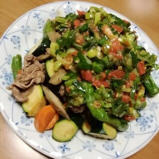 たっぷり野菜と牛肉炒め～ネギ塩トマトだれがけ～